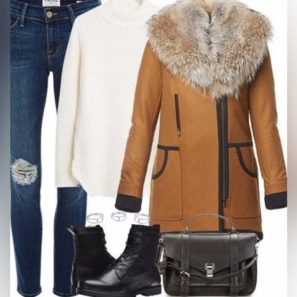 Veronica Beard Granite Wool-Cashmere Zip Parka with Fur Collar Camel